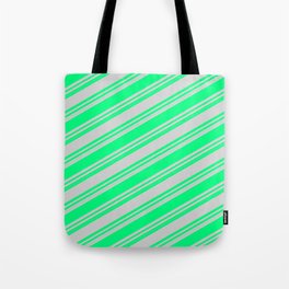 [ Thumbnail: Green and Light Gray Colored Striped Pattern Tote Bag ]