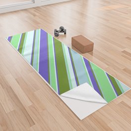 [ Thumbnail: Colorful Light Blue, Green, Slate Blue, Light Cyan & Light Green Colored Stripes Pattern Yoga Towel ]