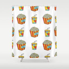 Bright seamless pattern with food for watching movies in the cinema. Vintage drawing in doodle style on a white background.  Shower Curtain