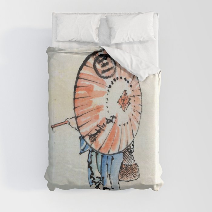 Man Walking in Geta with Parasol and Bag by Hokusai Duvet Cover