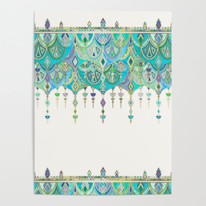 Art Deco Double Drop in Jade and Aquamarine on Cream Poster