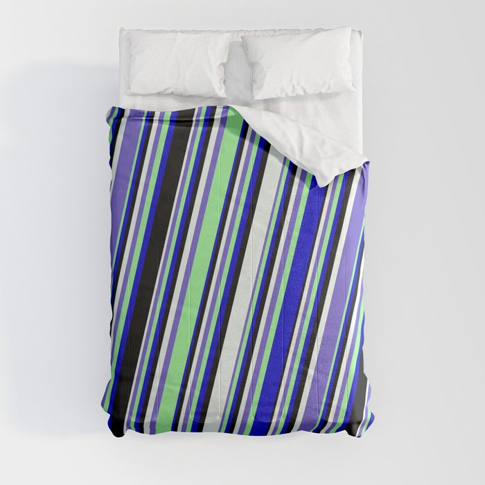 Mint Cream, Slate Blue, Green, Blue, and Black Colored Pattern of Stripes Comforter