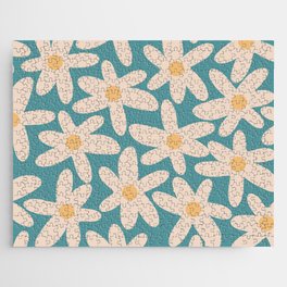 Daisy Time Retro Floral Pattern Teal Blue and Mustard Jigsaw Puzzle