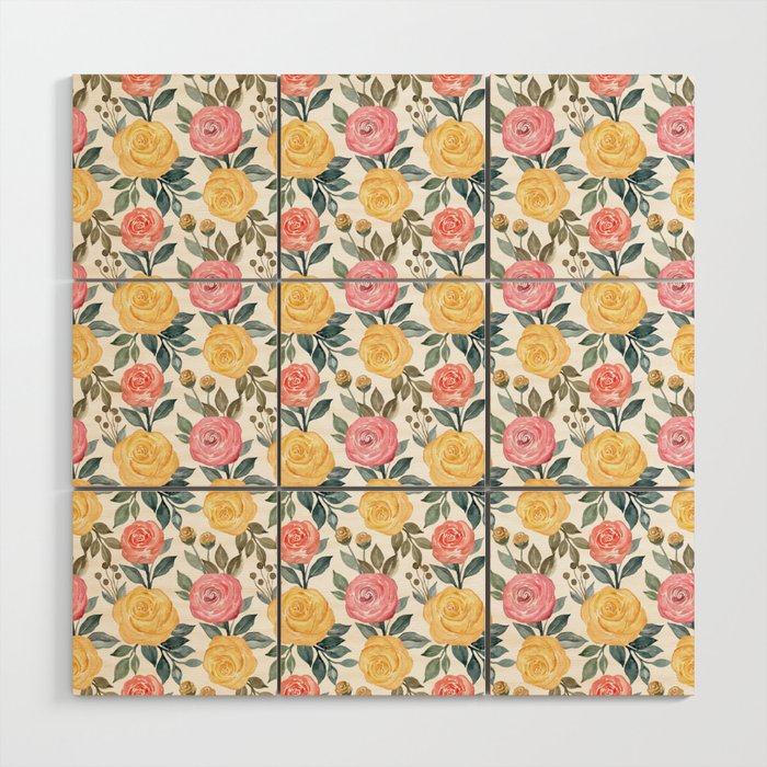 Pink and yellow watercolor flowers Wood Wall Art