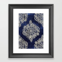 Cream Floral Moroccan Pattern on Deep Indigo Ink Framed Art Print