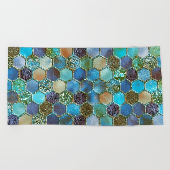 Blue & green metal glitter geometric hexagonal honeycomb pattern Beach Towel