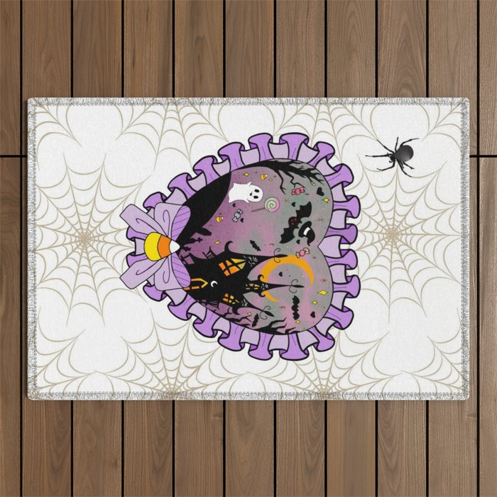 Candy Corn Ghost and Bat Spooky House Outdoor Rug