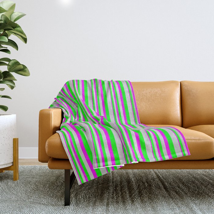 Fuchsia, Lime, and Light Grey Colored Lined/Striped Pattern Throw Blanket