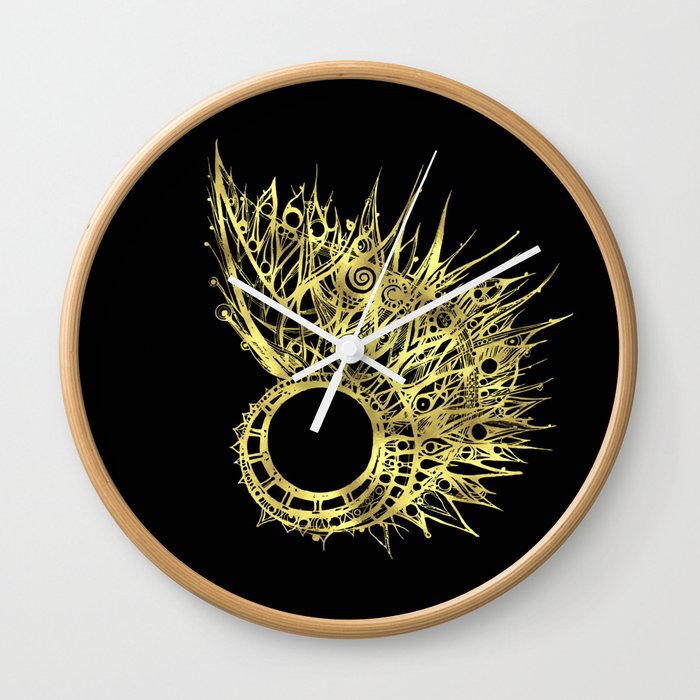 Golden Curl Shining Painting On Black Background Wall Clock By