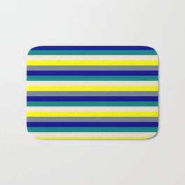 [ Thumbnail: Vibrant Yellow, Slate Gray, Dark Blue, Teal & Beige Colored Stripes/Lines Pattern Bath Mat ]