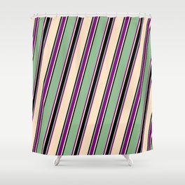 [ Thumbnail: Dark Sea Green, Purple, Bisque, and Black Colored Lines Pattern Shower Curtain ]