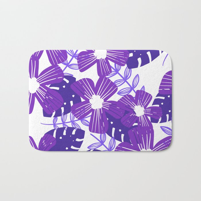 Purple on Purple Tropical Flowers Modern Floral Pattern Bath Mat
