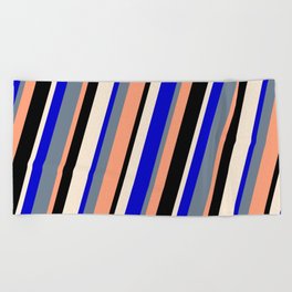 [ Thumbnail: Colorful Blue, Slate Gray, Light Salmon, Black, and Beige Colored Lined/Striped Pattern Beach Towel ]