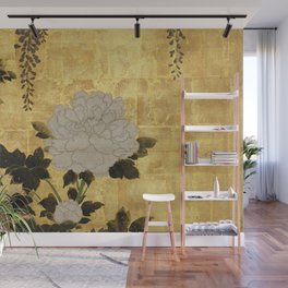 Vintage Japanese Floral Gold Leaf Screen With Wisteria and Peonies Wall Mural
