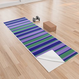 [ Thumbnail: Purple, Sea Green & Blue Colored Stripes/Lines Pattern Yoga Towel ]