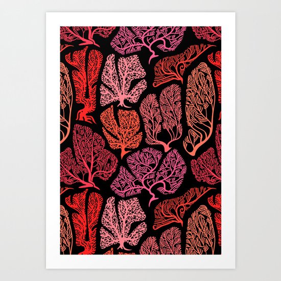 Graphic Corals on black. Art Print