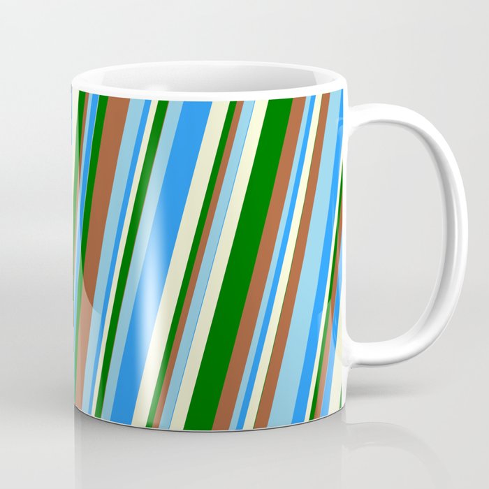 Vibrant Sienna, Sky Blue, Blue, Light Yellow, and Dark Green Colored Striped Pattern Coffee Mug