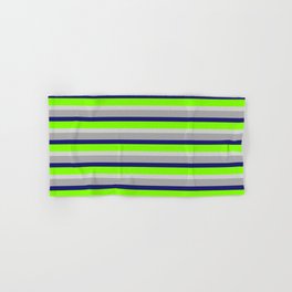 [ Thumbnail: Dark Grey, Midnight Blue, Chartreuse, and Light Grey Colored Lined/Striped Pattern Hand & Bath Towel ]