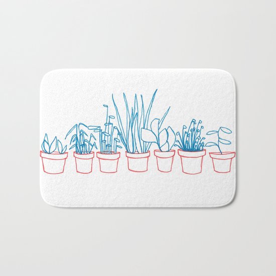 Teal Plants in Red Pots Bath Mat