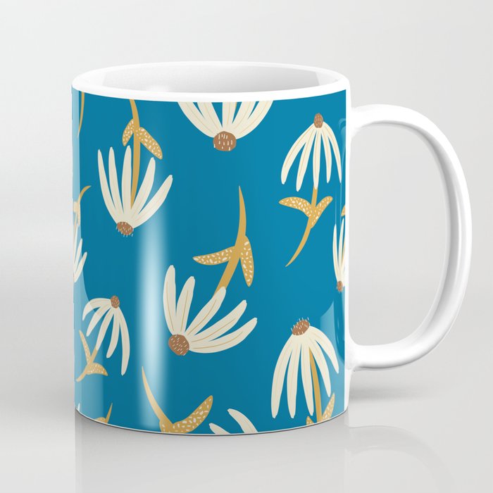 Modern Retro Loose Floral Pattern Royal Blue and Gold Coffee Mug