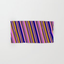 [ Thumbnail: Dark Goldenrod, Orchid, and Blue Colored Striped/Lined Pattern Hand & Bath Towel ]