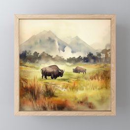 American Bison - Watercolor Landscape Framed Mini Art Print