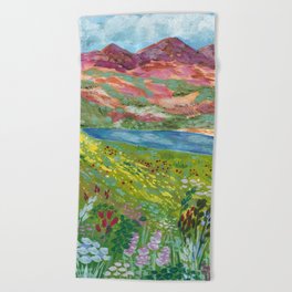 Mountain Lake with Summer Flowers Beach Towel