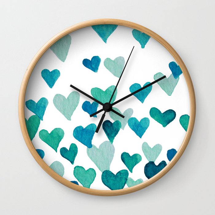 Valentine's Day Watercolor Hearts - turquoise Wall Clock