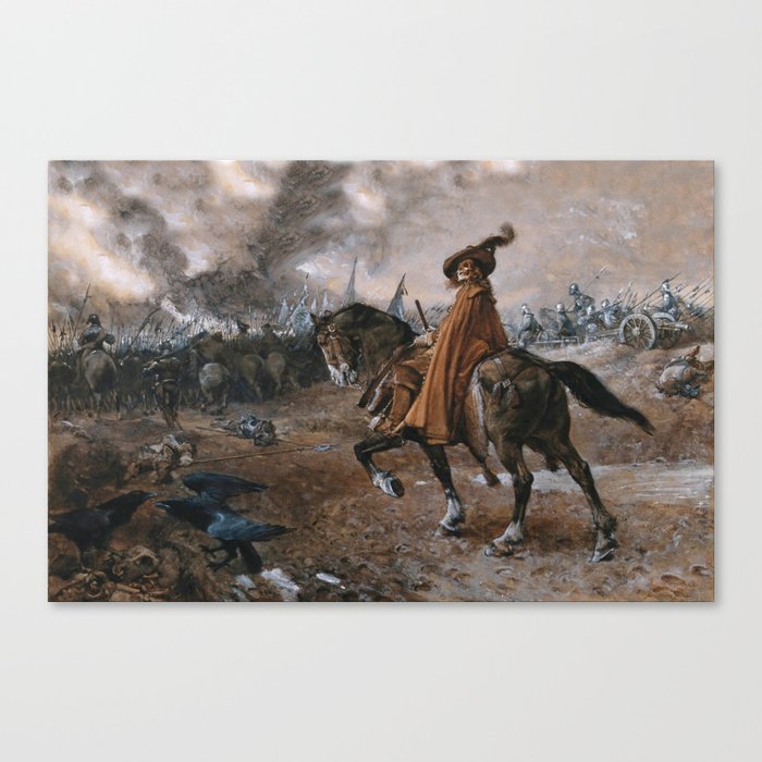 Death as general rides a horse on a battlefield, Edgar Bundy, 1911 Canvas Print
