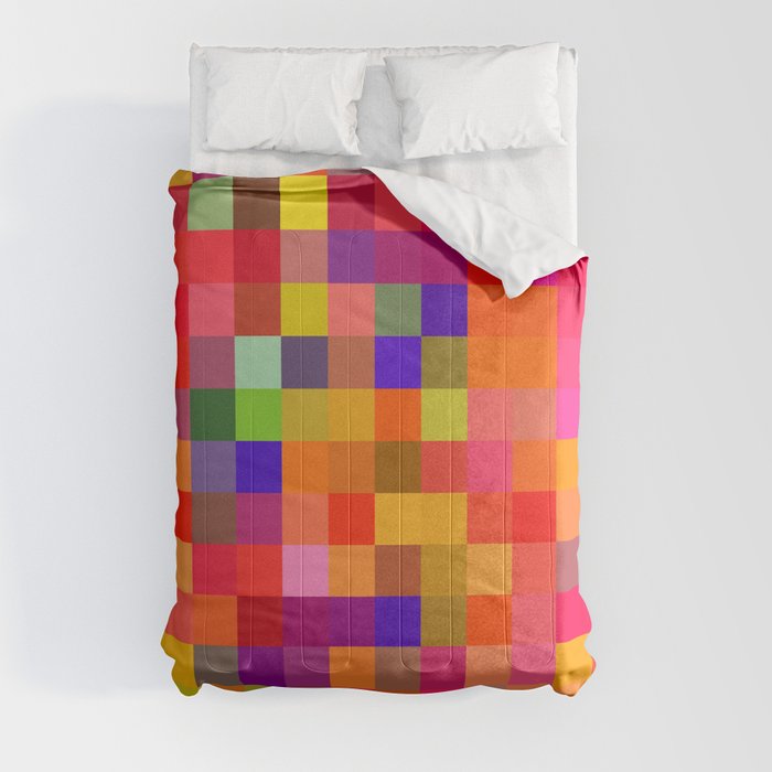 geometric square pixel pattern abstract in red pink yellow blue Comforter