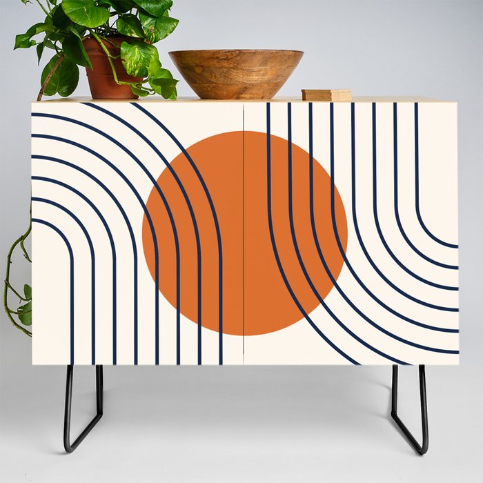 Geometric Lines in Navy Blue Orange 2 (Rainbow Abstraction) Credenza
