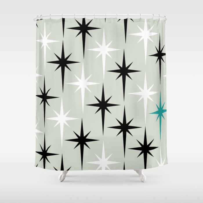 Mid-Century Modern Stars Black, White, Blue Shower Curtain