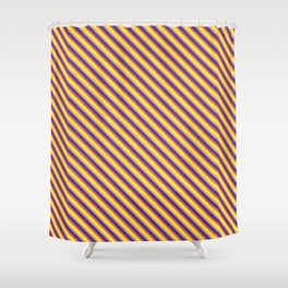 [ Thumbnail: Dark Slate Blue, Red, Yellow & Violet Colored Stripes Pattern Shower Curtain ]