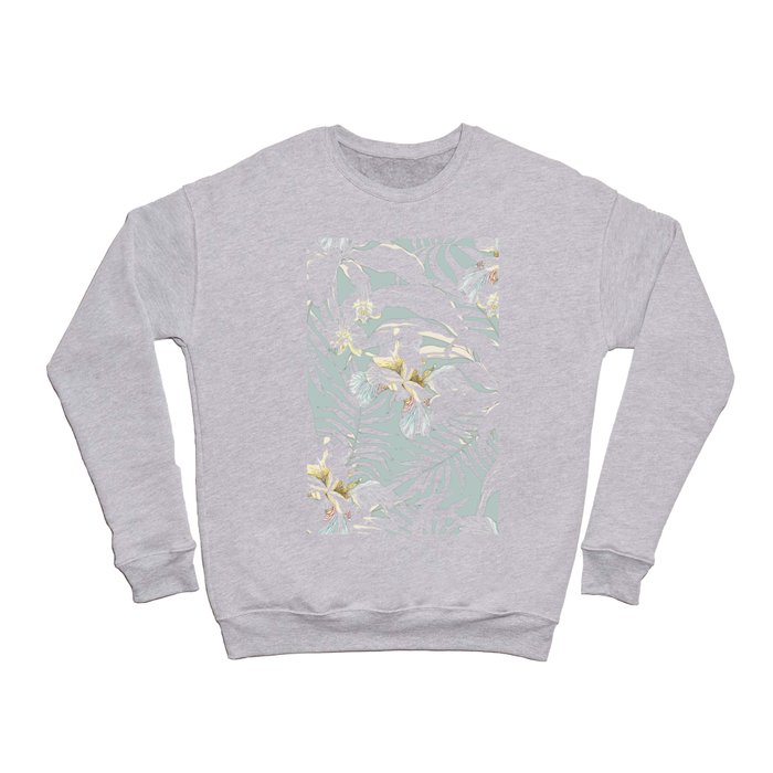 Seamless tropical pattern with flowers Orchid, Fleur de lis, leaves and Parrot Cockatoo. Vintage illustration in vintage style.  Crewneck Sweatshirt