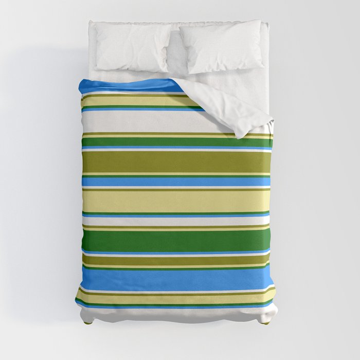 Eyecatching Green, Tan, Dark Green, Blue, and White Colored Lines Pattern Duvet Cover