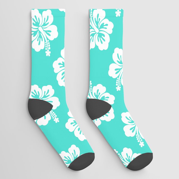 Turquoise and White Hibiscus Pattern Socks