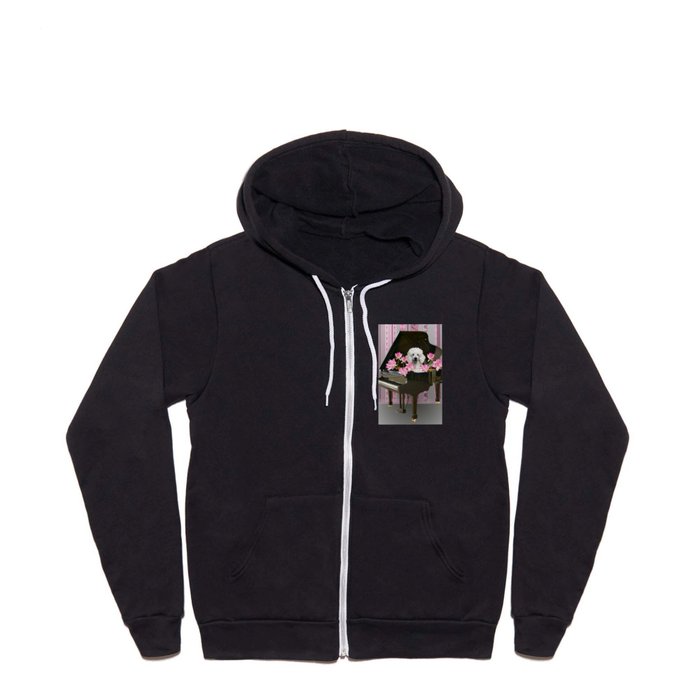 Piano with Poodle and Lotus Flower Blossoms Full Zip Hoodie