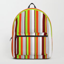 [ Thumbnail: Eye-catching Maroon, Light Green, Red, Light Gray, and White Colored Stripes/Lines Pattern Backpack ]