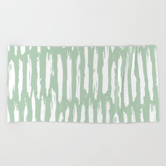 Vertical Dash Stripes White on Pastel Cactus Green Beach Towel