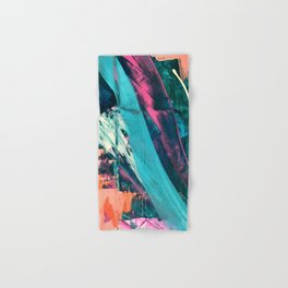 Wild [7]: a bold, colorful abstract mixed-media piece in teal, orange, neon blue, pink and white Hand & Bath Towel