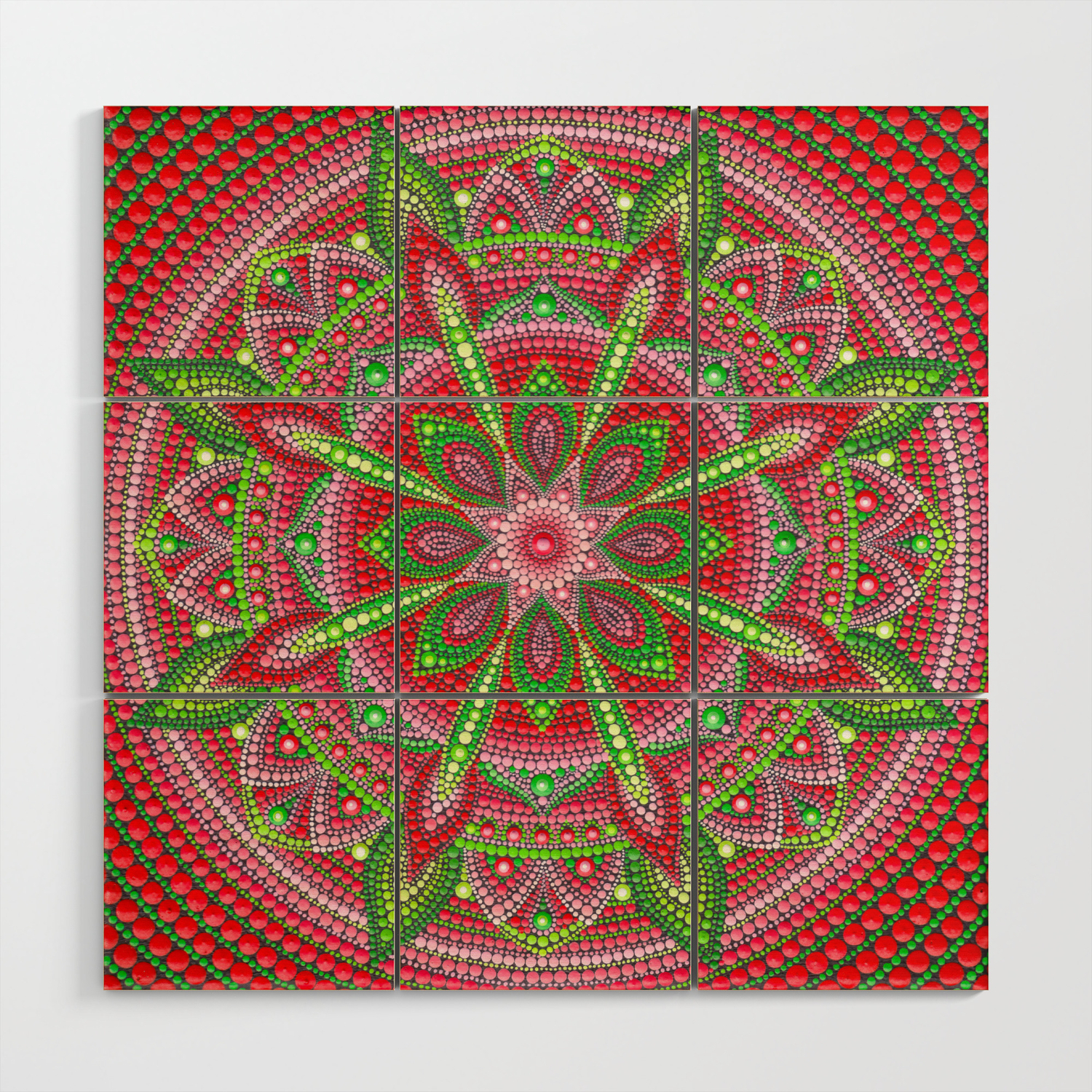 Red And Green Mandala Painting Wood Wall Art By Anastasiahelten