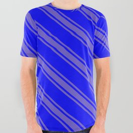 [ Thumbnail: Blue and Slate Blue Colored Striped/Lined Pattern All Over Graphic Tee ]