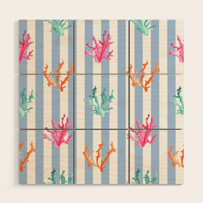 Colorful Coral Reef on Baby Blue Stripes Wood Wall Art