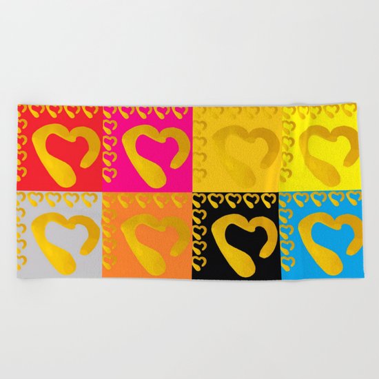Gold Hearts on colorful Stamp Beach Towel