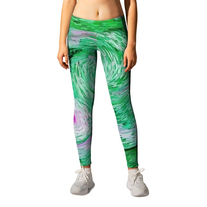 The Starry Night - La Nuit étoilée oil-on-canvas post-impressionist landscape masterpiece painting in alternate green and purple by Vincent van Gogh Leggings
