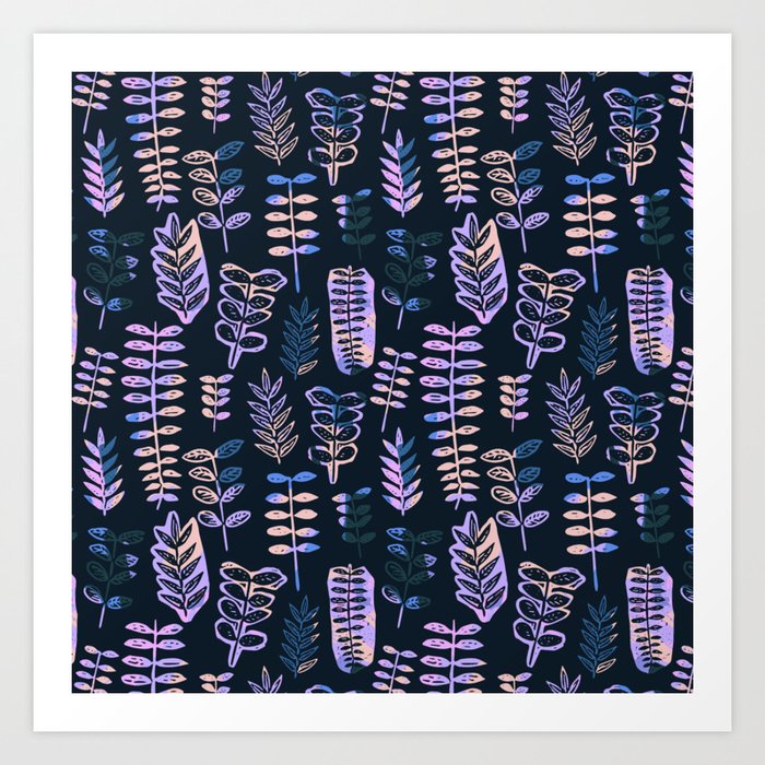 Botanical Fern Pattern Navy and Purple Abstract Art Print