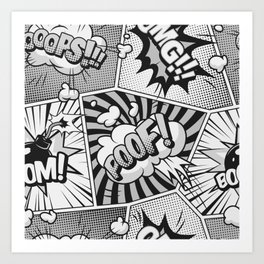 Comic Book Word Art Collage Black and White Art Print