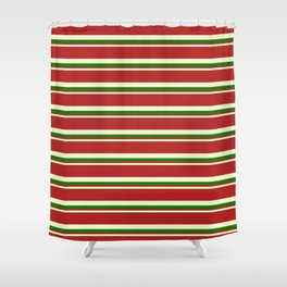 [ Thumbnail: Red, Light Yellow, and Green Colored Striped/Lined Pattern Shower Curtain ]