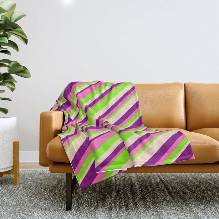 Purple, Hot Pink, Green & Bisque Colored Lined Pattern Throw Blanket
