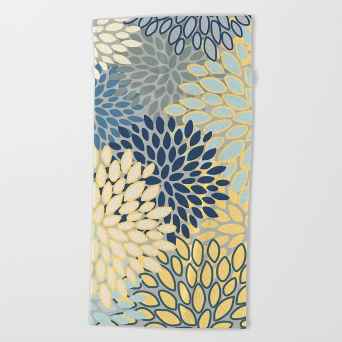 Floral Print, Yellow, Gray, Blue, Teal Beach Towel